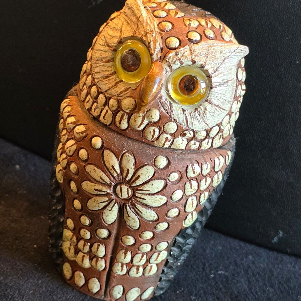 Vintage Decorative Owl Figurine Brown cream textured finish
Yellow glass eyes